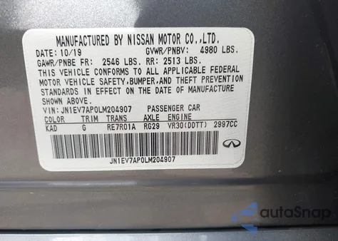 2020 Infiniti Q50 Edition 30 z USA, uszkodzony, nr VIN JN1EV7AP0LM204907